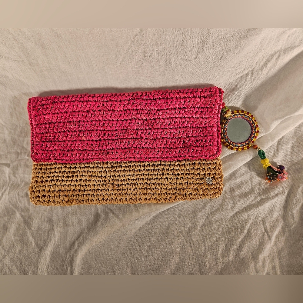 Flora Bella Elegant Pink and Tan Crochet Clutch with Mirror Detail